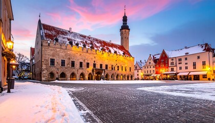 Fototapeta premium Medieval town hall in a snowy square at twilight