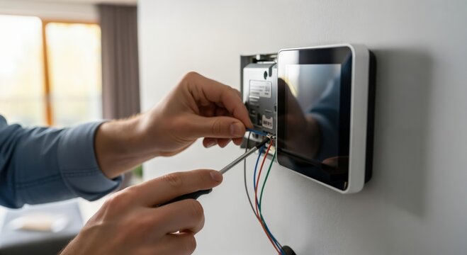 Close-up of a person's hands using a screwdriver to install or repair a modern smart home control panel with colorful wires on a white wall, highlighting technology setup and maintenance. - Powered by Adobe