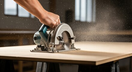 Close-up of a male carpenter's hand operating a powerful electric circular saw to cut a large wooden board, creating a cloud of sawdust in a workshop environment.
