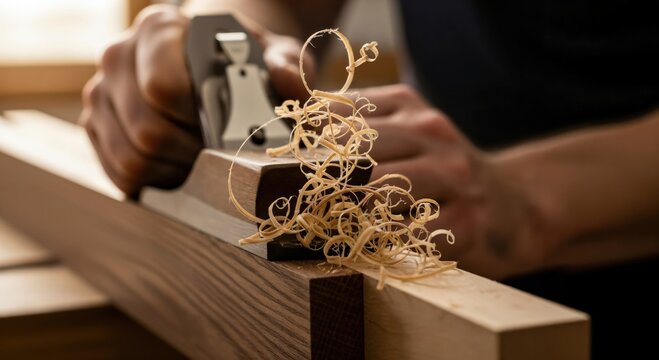 Detailed close-up of a skilled craftsman's hands using a traditional hand plane to smooth a wooden plank, creating delicate, curly wood shavings in a bright workshop setting.
