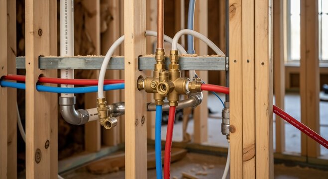 Residential plumbing rough-in with colorful PEX pipes and brass fittings installed within wooden wall studs during home construction or renovation