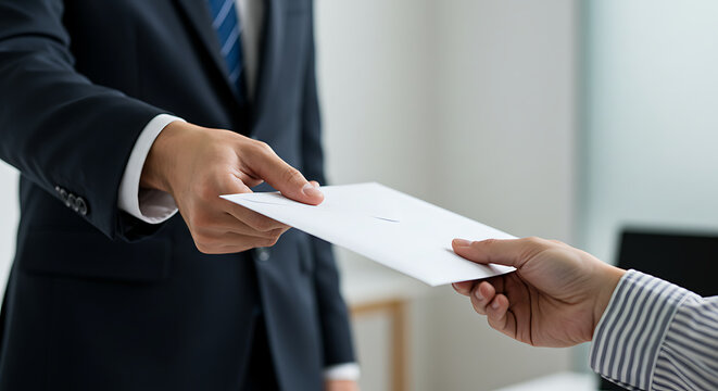 Close-up image of hands passing a white business envelope, suggesting a contract, job offer, or resignation