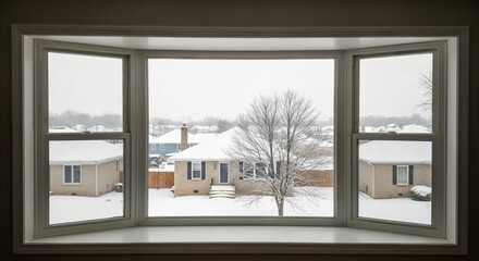 View from a cozy bay window looking out at a quiet residential neighborhood covered in fresh white snow during a peaceful winter day
