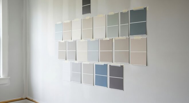 Multiple paint color swatches taped to a wall in a room, showcasing various neutral and cool tones for home renovation and interior design projects.