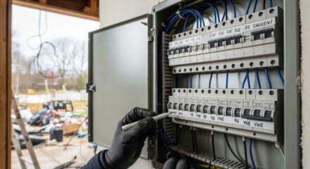Close-up of an electrician's gloved hand working on a modern electrical fuse box with multiple circuit breakers and wiring during a home construction project.