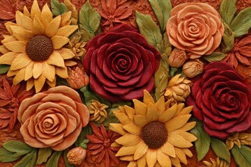 Fototapeta premium A detailed floral arrangement featuring sculpted sunflowers and roses in warm autumnal colors.
