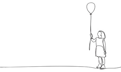 A child gazing upward, holding a floating balloon in a minimalist style