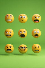 Obraz premium A vibrant display of nine emoticons expressing various emotions against a bright green background
