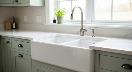 Modern kitchen interior with light green cabinets, white farmhouse sink, and stainless steel faucet under a bright window.