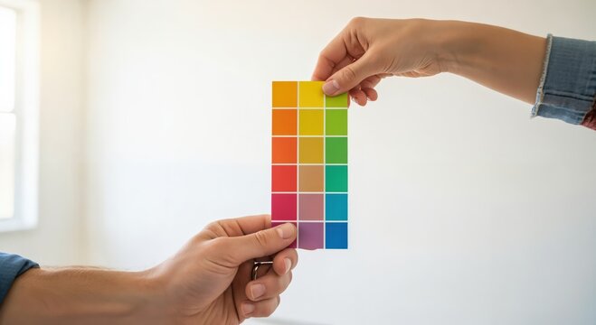 Hands of a couple holding a vibrant color palette, selecting paint shades for their new home interior design project in a bright, empty room.