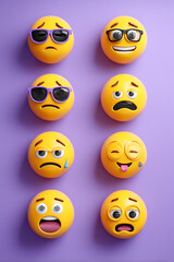 Obraz premium A vibrant collection of emoji faces expressing various emotions on a purple background
