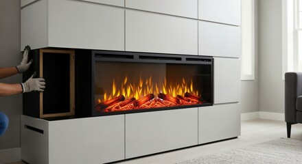 Installation of a stylish electric fireplace with realistic flames integrated into a minimalist white and black modular cabinet system in a bright home setting.