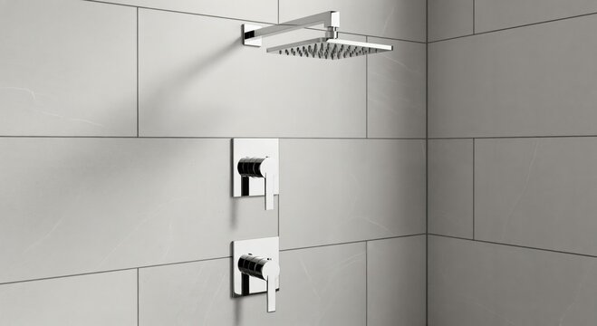 Modern minimalist bathroom shower with square chrome rain shower head and two control handles mounted on light grey large format tiled wall, contemporary design.