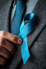 men's hands attach a blue ribbon to a gray jacket
