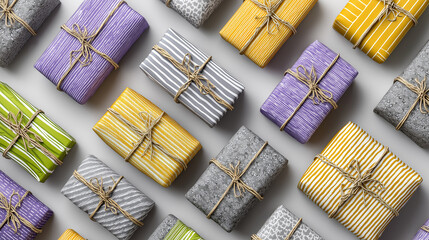 A top view of many gift boxes in colorful wrapping paper and tied with twine
