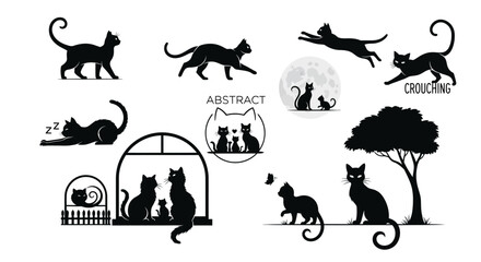Collection of black cat silhouettes in various poses and scenes, including walking, sleeping, jumping, and interacting with each other and the environment.