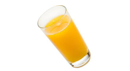 A tall glass filled with fresh, vibrant orange juice, tilted slightly Isolated on transparent background, png.