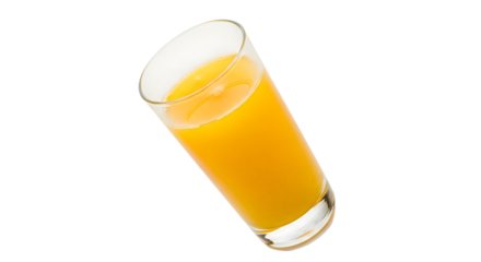 A tall glass filled with fresh, vibrant orange juice, tilted slightly Isolated on transparent background, png.