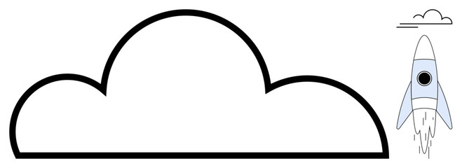 Minimalist cloud outline next to a rocket launching upward, emphasizing progress, innovation, and aspirations. Ideal for technology, growth, creativity, success, futurism cloud computing