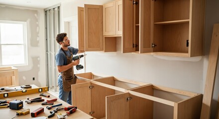 Focused young man in safety glasses and tool belt installing new wooden kitchen cabinets with a cordless drill during home renovation project