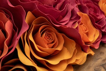Naklejka premium Close-up view of intricately layered roses, showcasing a vibrant gradient of orange and maroon.