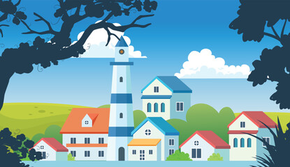 Flat illustration vector in bright colors. Geometric house background design.