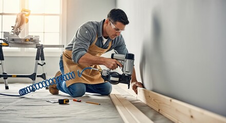 Focused adult man in safety glasses and apron using a pneumatic nail gun to install wooden baseboards during a home renovation project