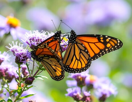 Two monarch butterflies on purple flowers - Powered by Adobe
