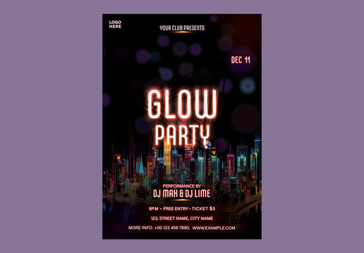 Editable Glow Party Flyer Template with Event Details for Disco, Club and Upcoming Night Events.