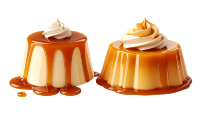 Pair of rich creamy butterscotch puddings topped with whipped cream isolated on transparent background