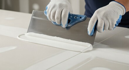 Worker's gloved hands carefully smoothing white joint compound with a professional spatula on a construction surface during renovation.