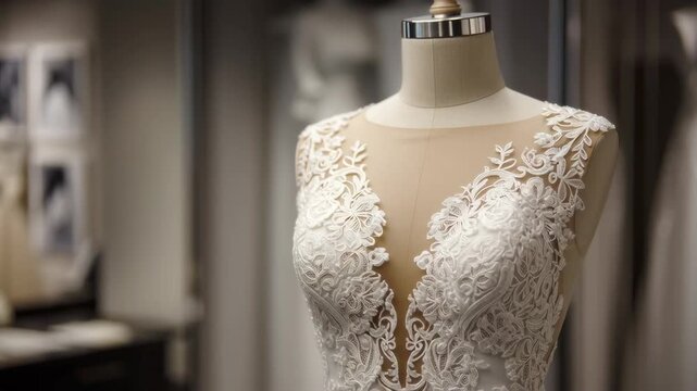 White wedding dress with lace trim displayed on mannequin in salon  