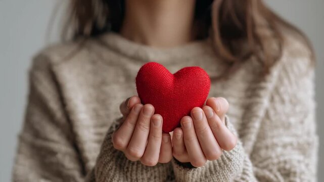 Close-up of woman holding red heart in hands while wearing cozy sweater indoors  