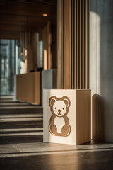 A wooden box with a bear image on the background of a modern interior
