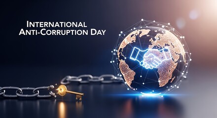 Conceptual image depicting International Anti-Corruption Day with a glowing handshake on a stylized world map, connected by a network, and a broken chain with a key.