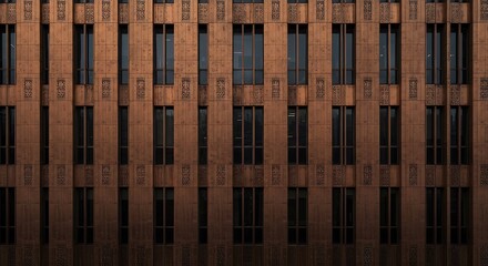 Modern Brown Building Facade with Vertical Windows and Decorative Panels