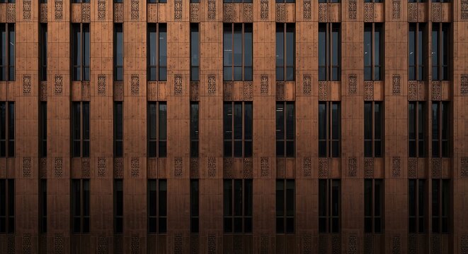 Modern Brown Building Facade with Vertical Windows and Decorative Panels