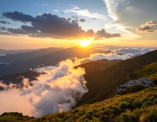 A mountain sunset with clouds and sunlight peeking through