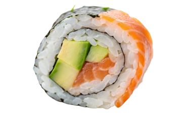 Fresh salmon avocado sushi roll close-up appetizing japanese food photography