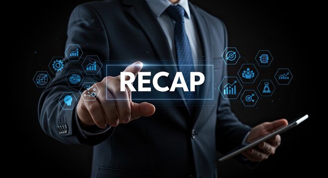 Professional businessman touches digital screen displaying 'RECAP' surrounded by business analytics icons, signifying successful data review and strategic planning for growth.