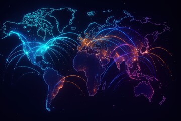 Digital Glowing World Map with Global Network Lines