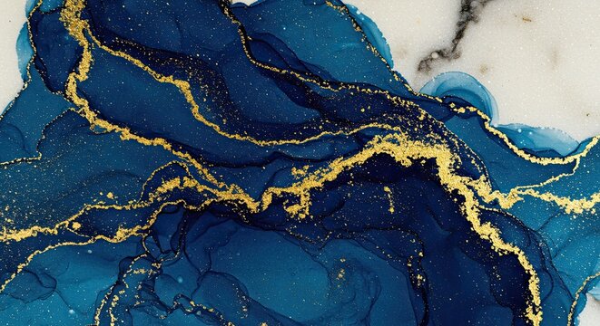 Luxurious deep blue fluid art with shimmering gold veins creates an elegant, sophisticated background perfect for premium branding and abstract design projects