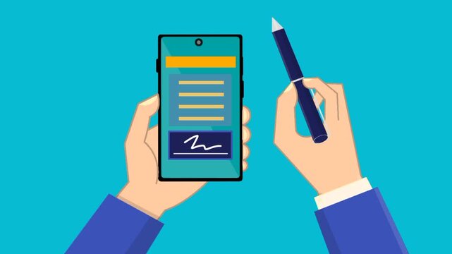 Digital signature animation. Hand signing on smartphone screen. Electronic approval concept. Modern communication method. Secure mobile interaction.