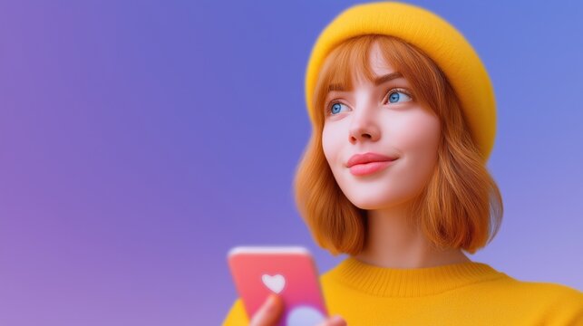 Close-up portrait of a young woman with shoulder-length blonde hair and blue eyes. she is wearing a bright yellow beanie and a yellow sweater.