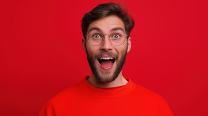 Obraz premium Close-up portrait of a young man with a big smile on his face. he is wearing a red t-shirt and round glasses. his hair is styled in a messy yet fashionable manner and he has a beard.