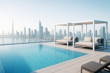 Naklejka premium Luxurious rooftop pool area with modern loungers and cabanas overlooking a futuristic skyline in soft daylight ambiance. Ai generative. Ai generative