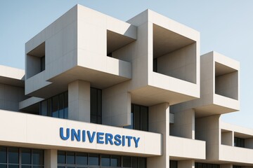 Modern university building with cubic architectural design and geometric abstract elements on a light background under clear sky sunlight. Ai generative