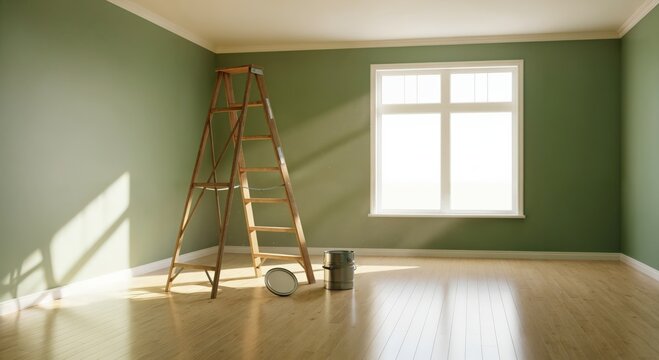 Bright and empty room with freshly painted sage green walls, a wooden step ladder, and paint cans, ready for home renovation and interior design project