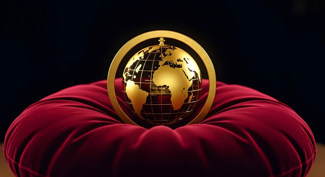 A golden globe emblem resting on a luxurious red velvet cushion against a dark background, symbolizing global achievement and prestige.