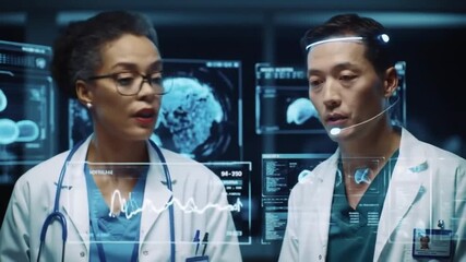 Diverse Medical Professionals Analyze Holographic Data in High-Tech Lab, Showcasing Future Healthcare Technology and Collaborative Research - Powered by Adobe